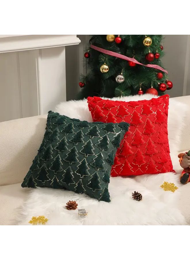 Green Christmas Tree Pillow Cover 18x18 Inches Reversible Plush Faux Fur Holiday Decor - Image 1